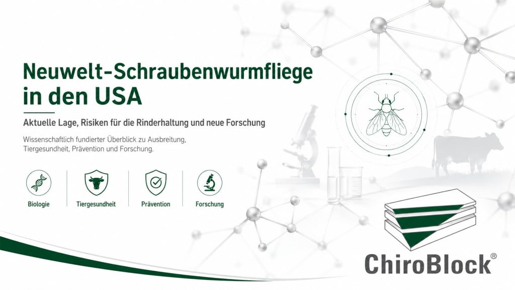 ChiroBlock-Headergrafik zur Neuwelt-Schraubenwurmfliege mit einer Larve in einer Petrischale, Laborgefäßen und einem Rind.
