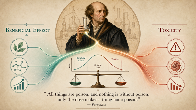 Dose–response concept showing beneficial and toxic effects at different exposure levels, illustrated with Paracelsus and a balance scale.