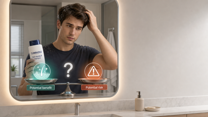 Young adult holding anti-dandruff shampoo while a balance scale contrasts the potential benefit and risk of climbazole exposure.