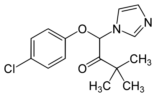 Two-dimensional chemical structure of climbazole, 1-(4-chlorophenoxy)-1-(imidazol-1-yl)-3,3-dimethylbutan-2-one.