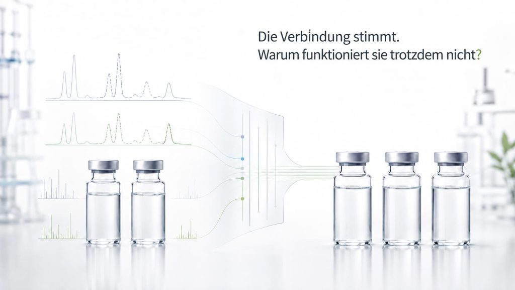 Zwei chemische Proben derselben Verbindung mit unterschiedlichen Qualitätsprofilen sowie der Weg über Analytik und Spezifikation zu konsistenten Folgechargen
