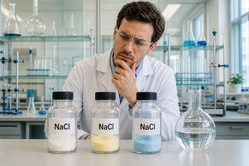 Wissenschaftler vergleicht drei NaCl-Proben mit unterschiedlichem Aussehen und anwendungsspezifischen Spezifikationen.