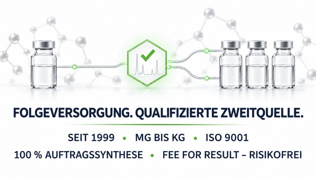 Eine chemische Probe durchläuft einen analytischen Qualifizierungspunkt und verzweigt in zwei Versorgungswege zu konsistenten Folgechargen