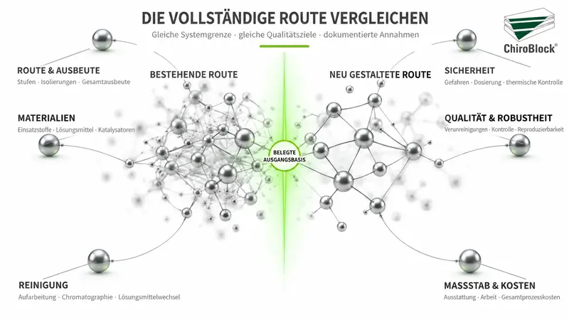Vergleich einer komplexen bestehenden Syntheseroute mit einer neu gestalteten Route anhand von sechs Bewertungsbereichen